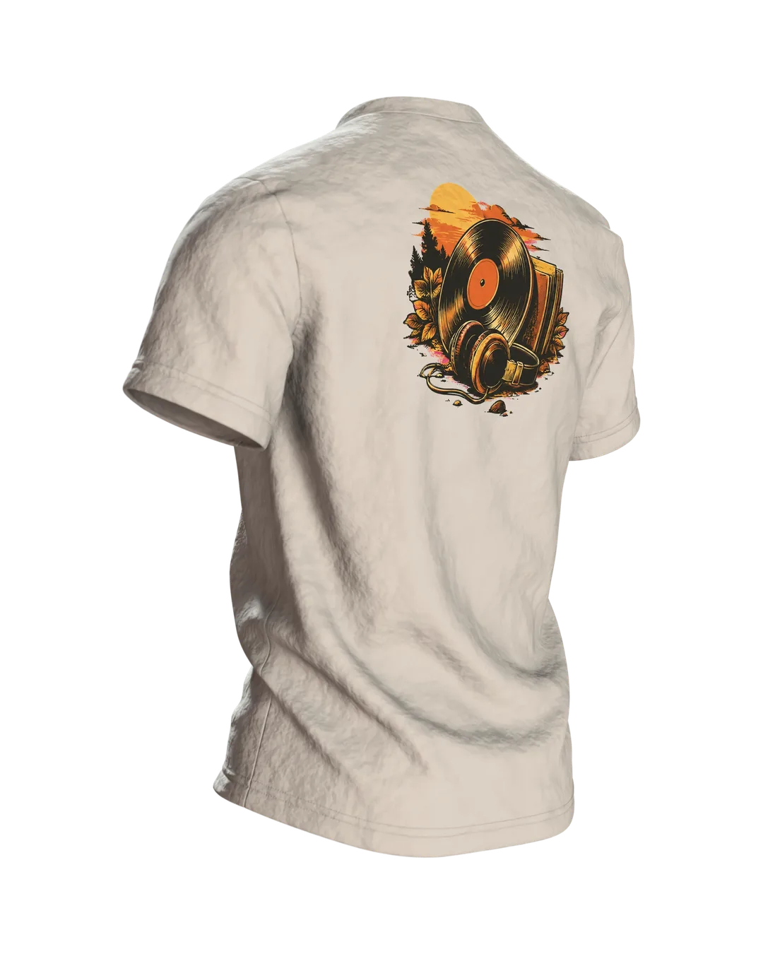 Vinyl Record Shirt “ICH BIN NICHT ALT, ICH BIN VINTAGE” with Record Emblem, Retro 70s Lettering and Headphones on the Back, Back, angled right