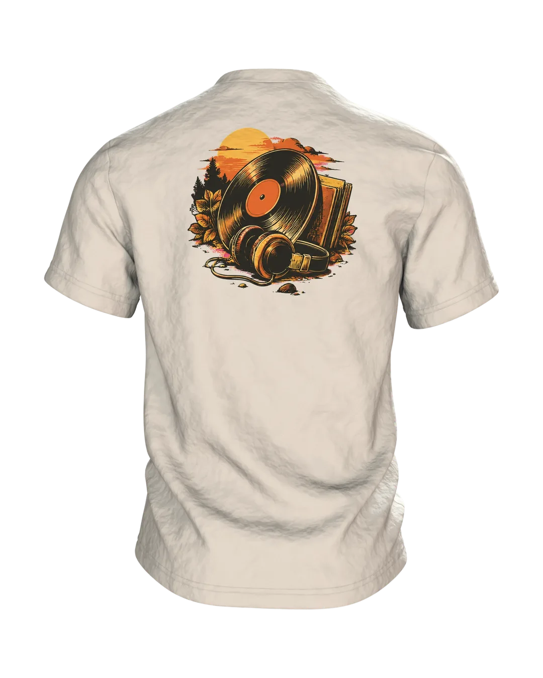 Vinyl Record Shirt “ICH BIN NICHT ALT, ICH BIN VINTAGE” with Record Emblem, Retro 70s Lettering and Headphones on the Back, Back