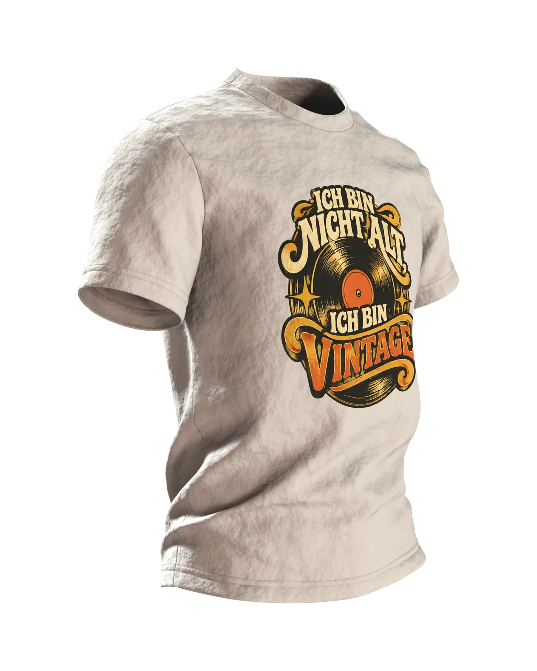 Vinyl Record Shirt “ICH BIN NICHT ALT, ICH BIN VINTAGE” with Record Emblem, Retro 70s Lettering and Headphones on the Back, Side view, left