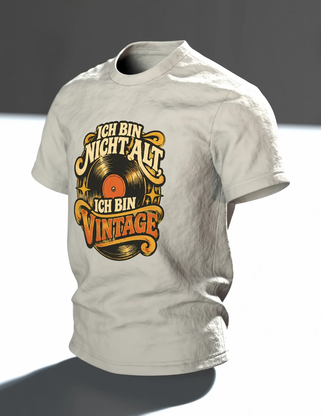 Vinyl Record Shirt “ICH BIN NICHT ALT, ICH BIN VINTAGE” with Record Emblem, Retro 70s Lettering and Headphones on the Back, In context, angled
