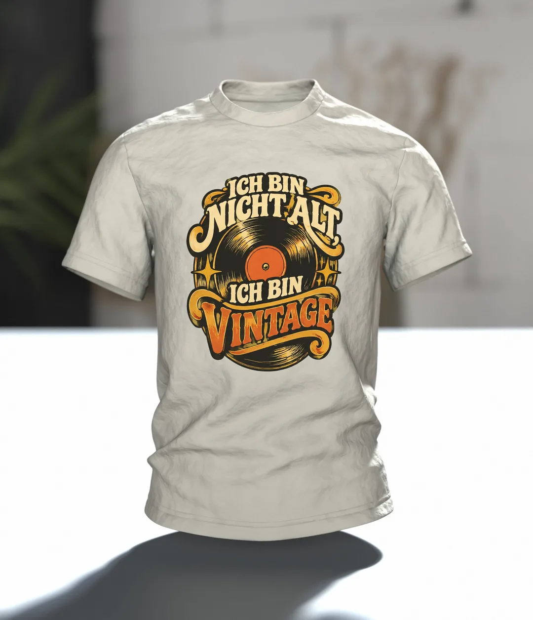 Vinyl Record Shirt “ICH BIN NICHT ALT, ICH BIN VINTAGE” with Record Emblem, Retro 70s Lettering and Headphones on the Back, In context
