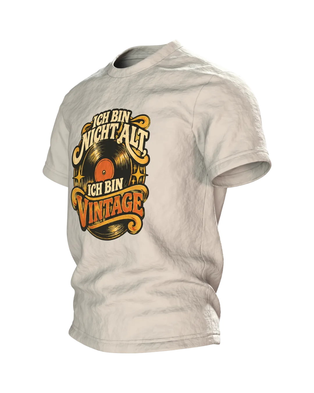 Vinyl Record Shirt “ICH BIN NICHT ALT, ICH BIN VINTAGE” with Record Emblem, Retro 70s Lettering and Headphones on the Back, Side view, right