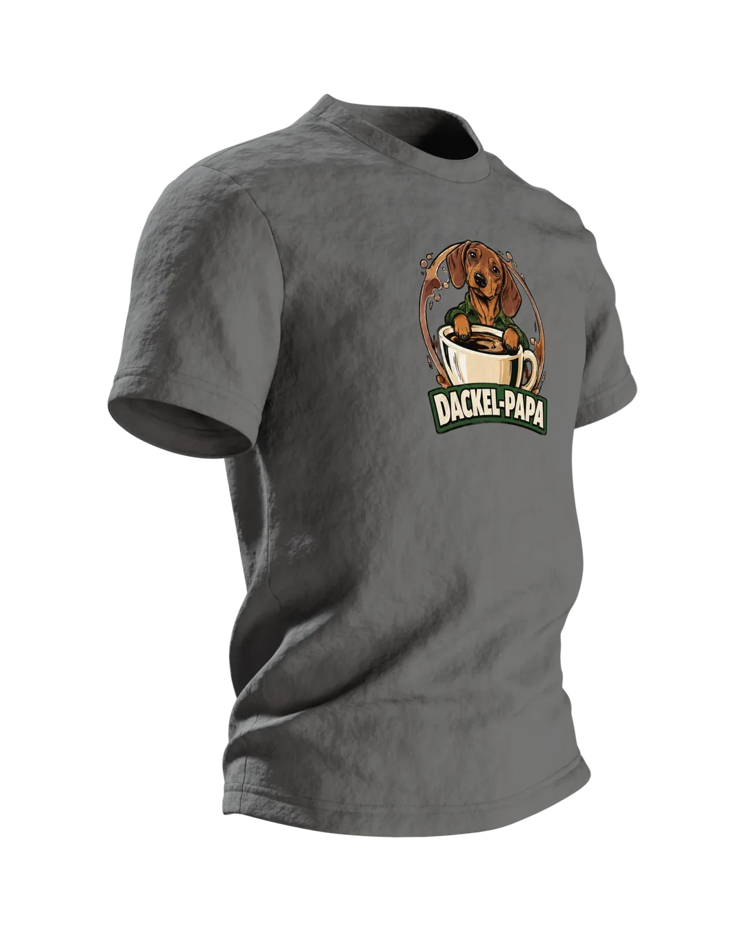 Dachshund Dad Shirt “DACKEL-PAPA”: Dog in Plaid Flannel with Coffee Mug, Comic Front and Back, Gift for Dog Owners, Side view, left