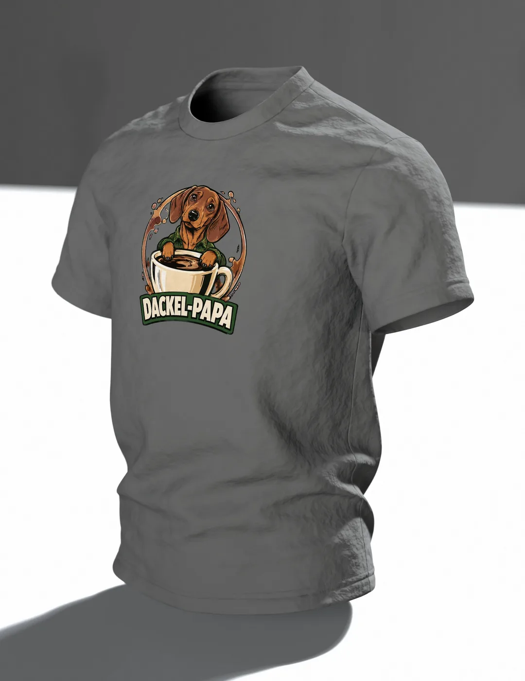 Dachshund Dad Shirt “DACKEL-PAPA”: Dog in Plaid Flannel with Coffee Mug, Comic Front and Back, Gift for Dog Owners, In context, angled