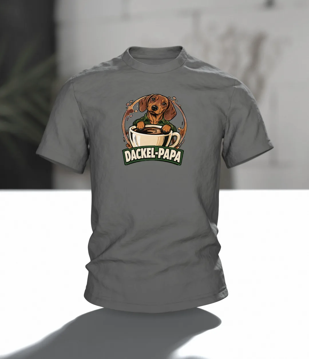 Dachshund Dad Shirt “DACKEL-PAPA”: Dog in Plaid Flannel with Coffee Mug, Comic Front and Back, Gift for Dog Owners, In context