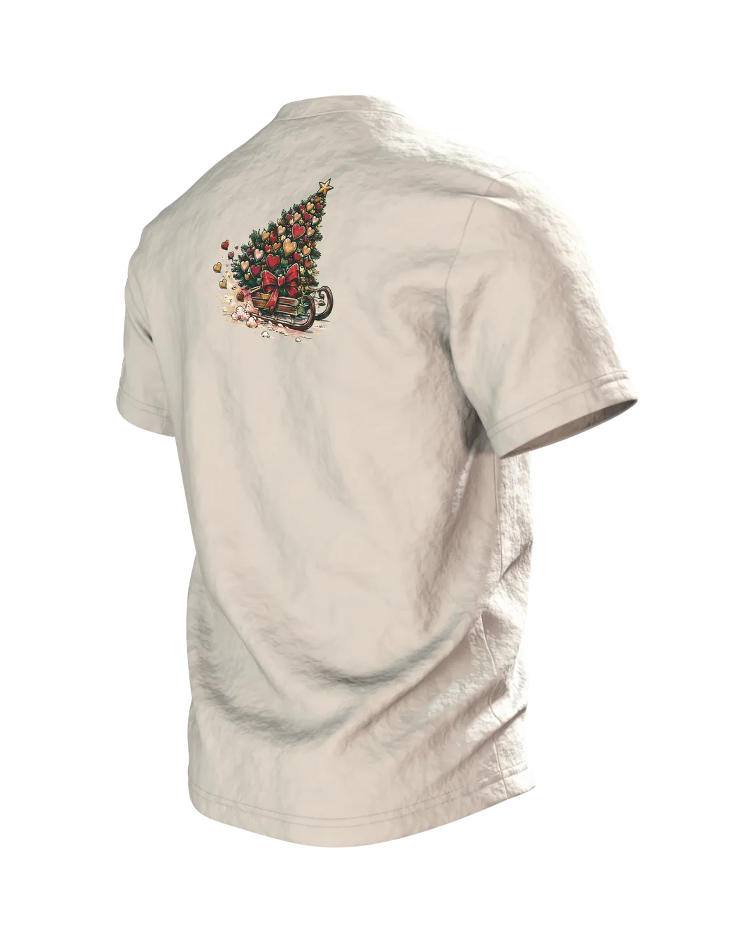 Herz Tannenbaum T-Shirt „TEAM WEIHNACHTEN“ Vintage Weihnachtsshirt Familie, Schlitten auf dem Rücken, Partnerlook Damen Herren, Rückseite schräg links