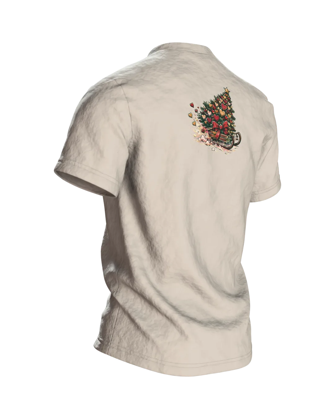Herz Tannenbaum T-Shirt „TEAM WEIHNACHTEN“ Vintage Weihnachtsshirt Familie, Schlitten auf dem Rücken, Partnerlook Damen Herren, Rückseite schräg rechts