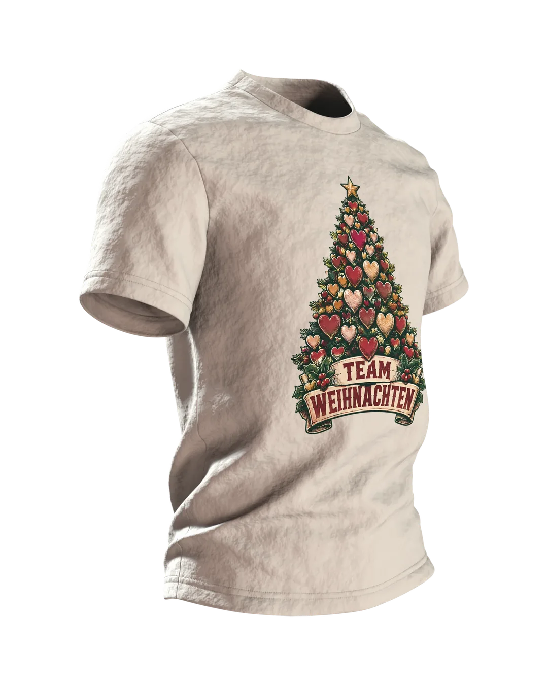 Herz Tannenbaum T-Shirt „TEAM WEIHNACHTEN“ Vintage Weihnachtsshirt Familie, Schlitten auf dem Rücken, Partnerlook Damen Herren, Seitenansicht links