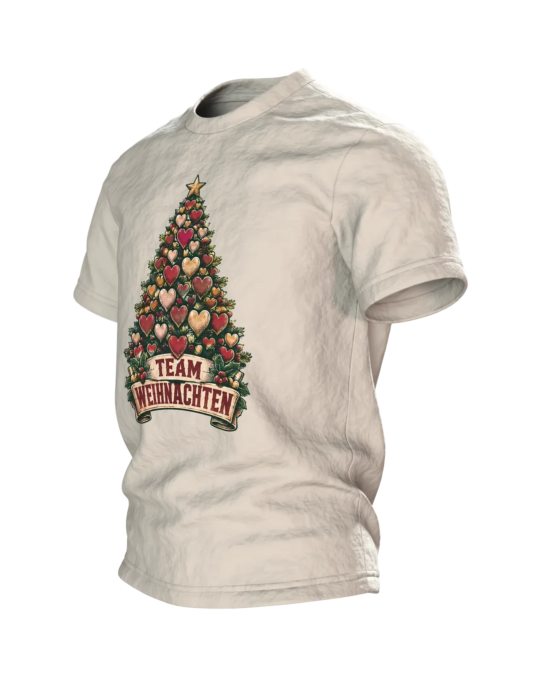 Herz Tannenbaum T-Shirt „TEAM WEIHNACHTEN“ Vintage Weihnachtsshirt Familie, Schlitten auf dem Rücken, Partnerlook Damen Herren, Seitenansicht rechts