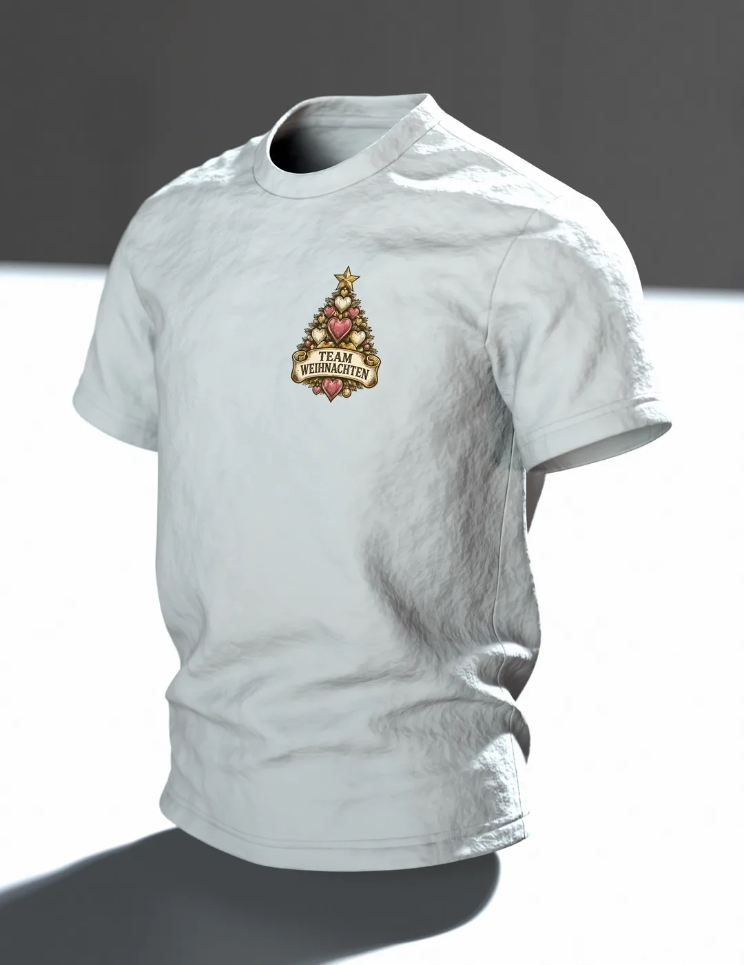 Team Weihnachten Herzbaum T-Shirt, Entwurfsfassung, Im Raum, schräg