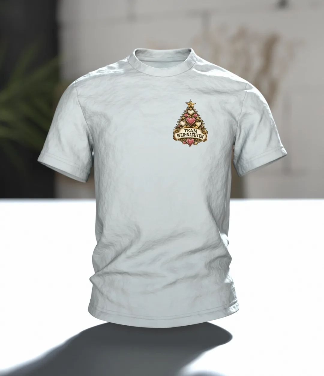 Team Weihnachten Herzbaum T-Shirt, Entwurfsfassung, Im Raum