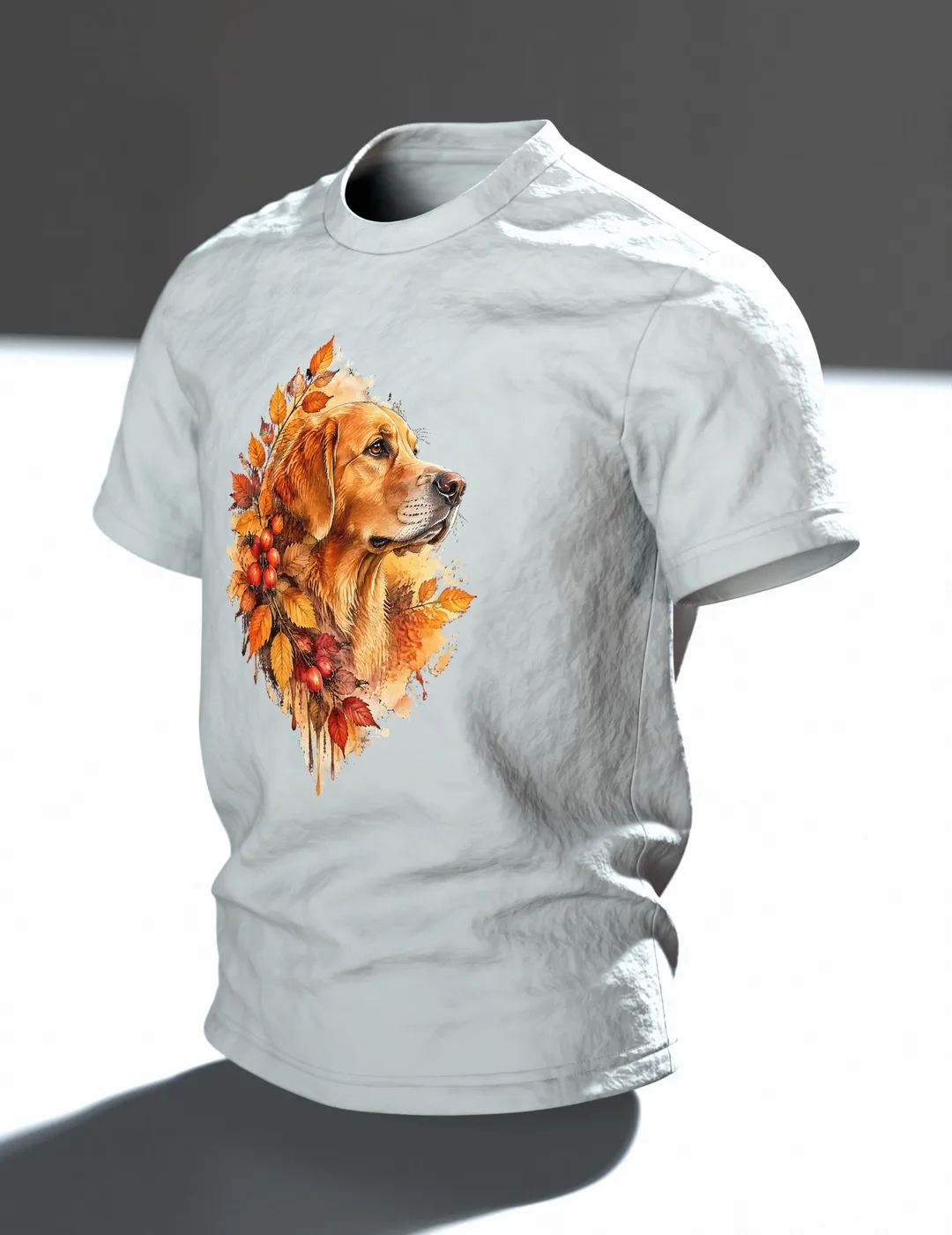 Golden Retriever Aquarell T-Shirt, Entwurfsfassung, Im Raum, schräg
