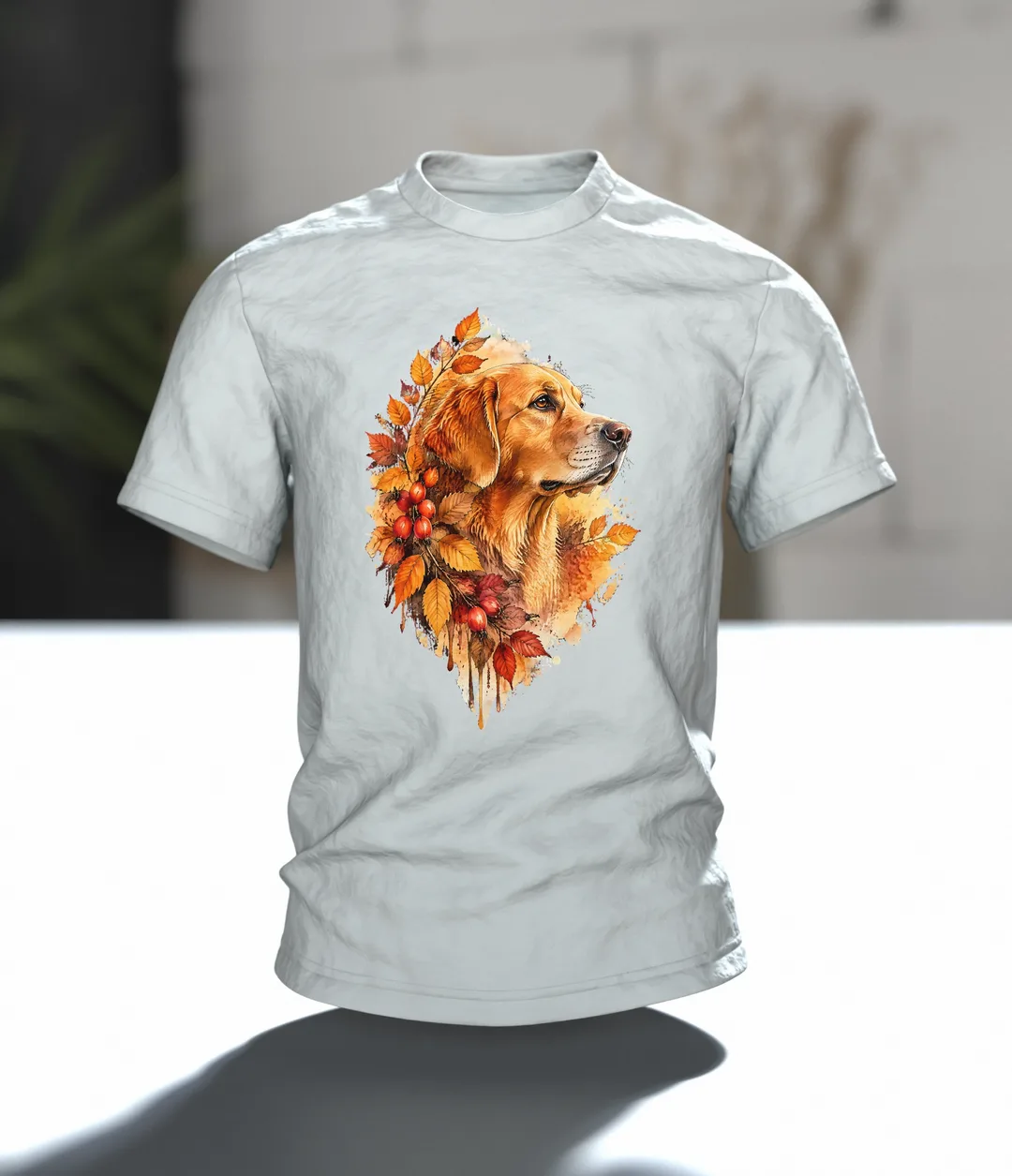 Golden Retriever Aquarell T-Shirt, Entwurfsfassung, Im Raum