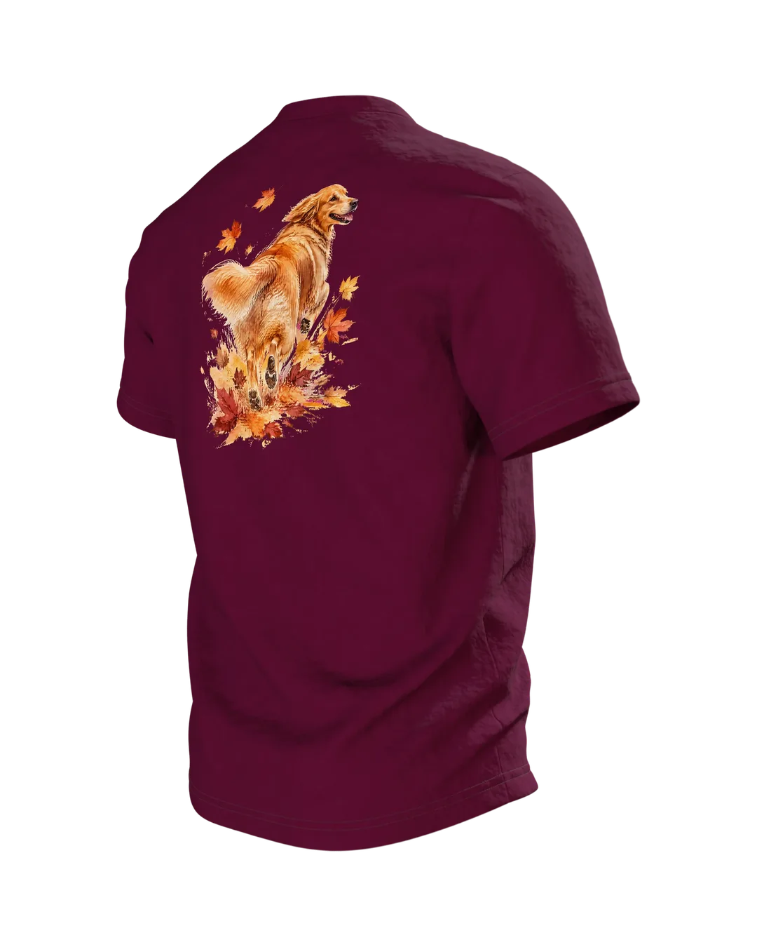 Golden Retriever Aquarell T-Shirt, Hundeporträt in Herbstfarben mit Ahornlaub, Vorder- und Rückenmotiv, Geschenk für Herrchen, Rückseite schräg links