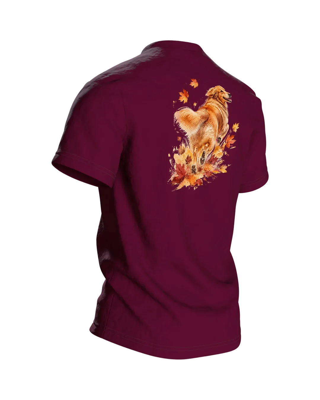Golden Retriever Aquarell T-Shirt, Hundeporträt in Herbstfarben mit Ahornlaub, Vorder- und Rückenmotiv, Geschenk für Herrchen, Rückseite schräg rechts