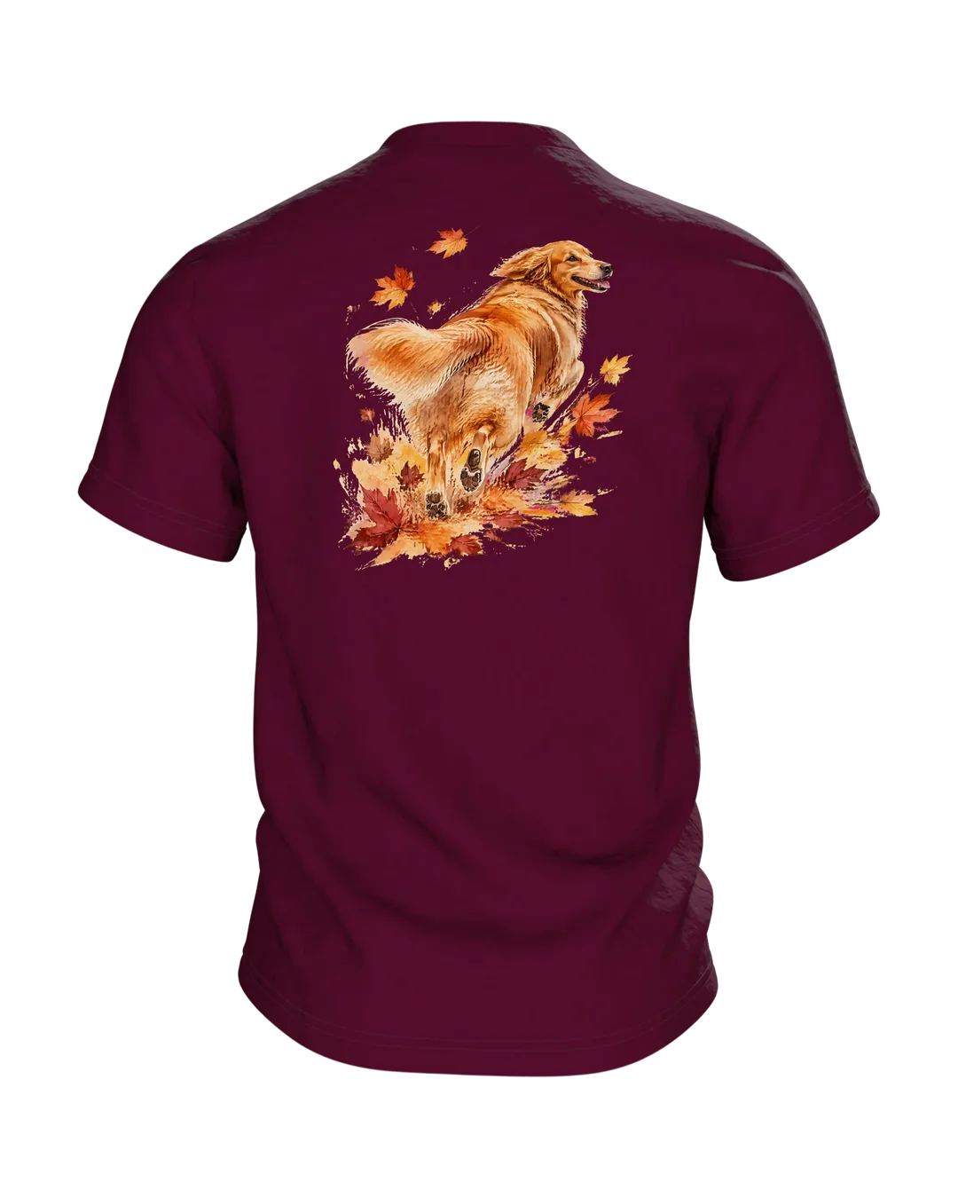 Golden Retriever Aquarell T-Shirt, Hundeporträt in Herbstfarben mit Ahornlaub, Vorder- und Rückenmotiv, Geschenk für Herrchen, Rückseite