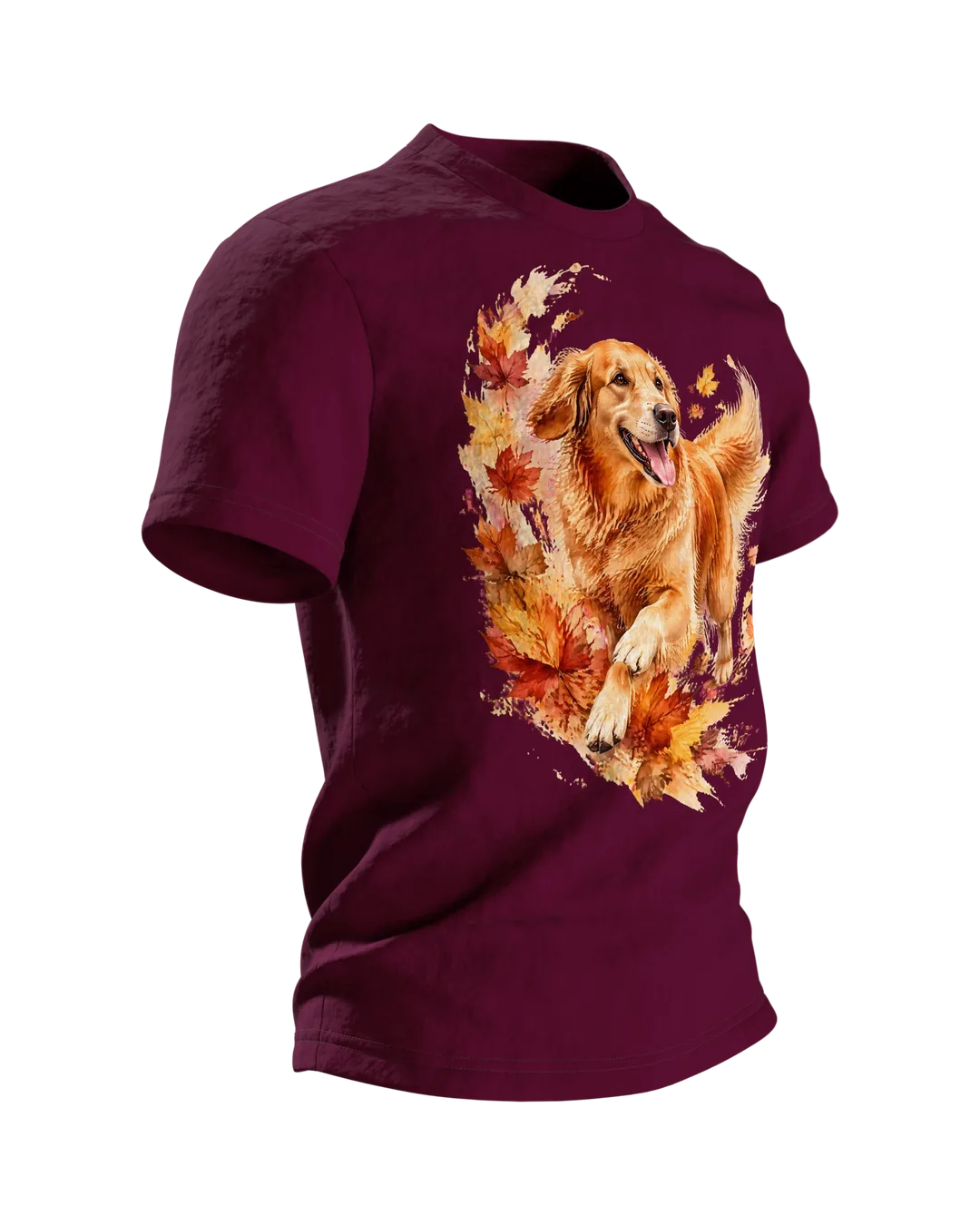 Golden Retriever Aquarell T-Shirt, Hundeporträt in Herbstfarben mit Ahornlaub, Vorder- und Rückenmotiv, Geschenk für Herrchen, Seitenansicht links