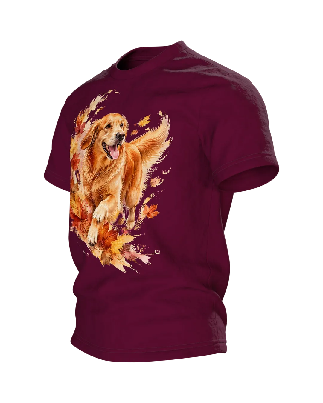 Golden Retriever Aquarell T-Shirt, Hundeporträt in Herbstfarben mit Ahornlaub, Vorder- und Rückenmotiv, Geschenk für Herrchen, Seitenansicht rechts