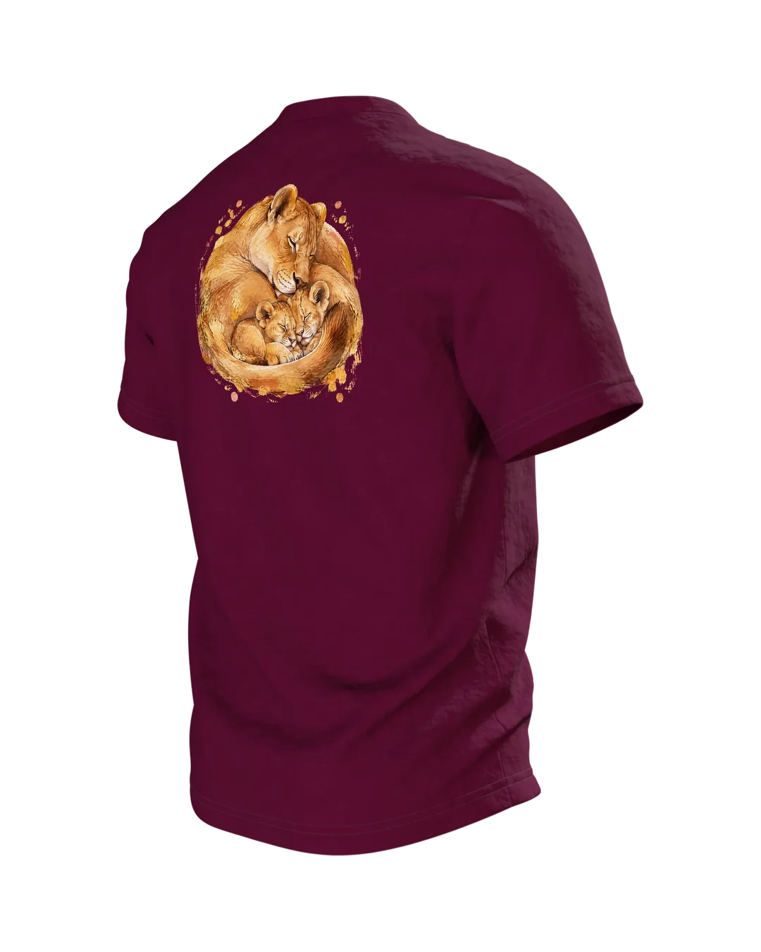 Löwenmama mit Jungen T-Shirt, Entwurfsfassung, Rückseite schräg links