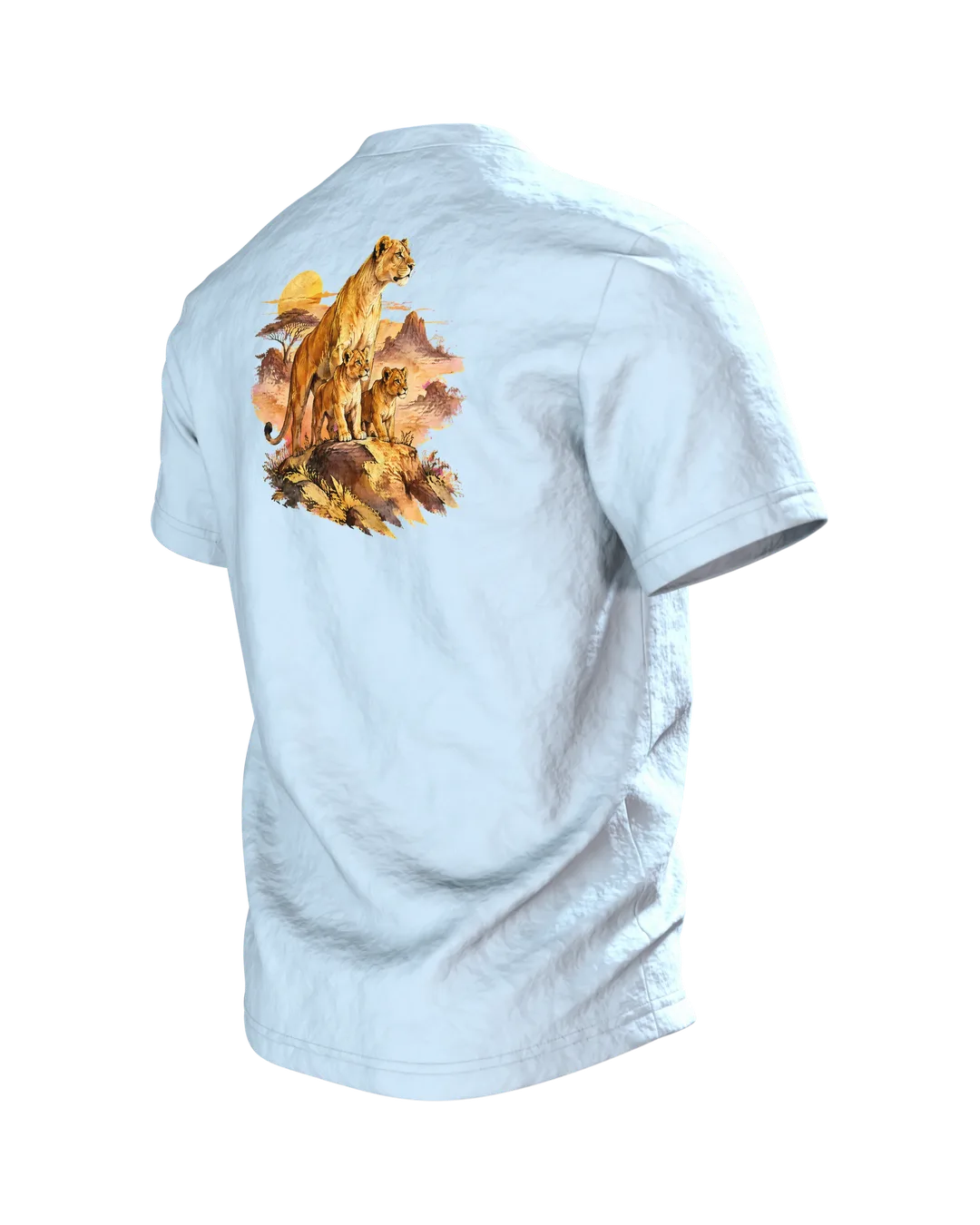 Löwenmama mit Jungen T-Shirt, Entwurfsfassung, Rückseite schräg links