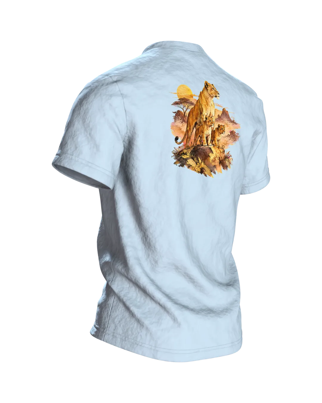 Löwenmama mit Jungen T-Shirt, Entwurfsfassung, Rückseite schräg rechts