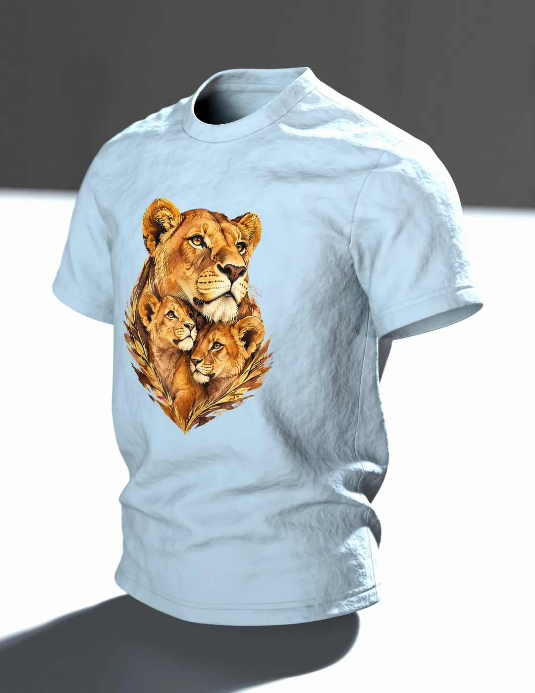 Löwenmama mit Jungen T-Shirt, Entwurfsfassung, Im Raum, schräg