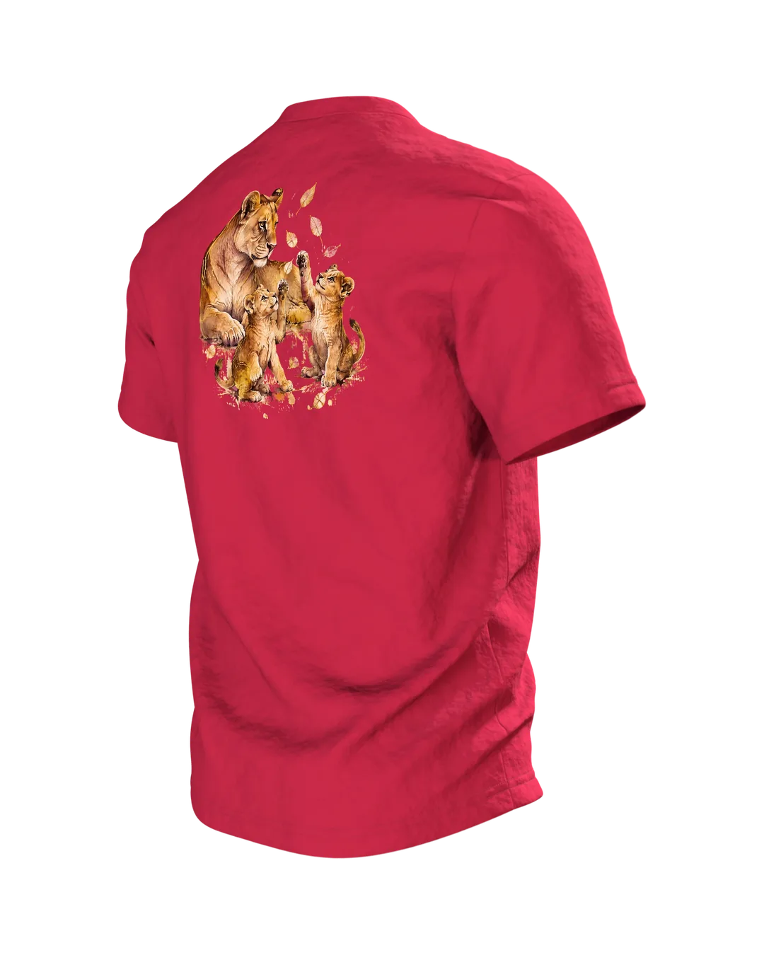 Löwenmama T-Shirt: Löwin mit zwei Jungen als Aquarell mit Kintsugi-Goldlinien, Geschenk für Mama, Rückseite schräg links