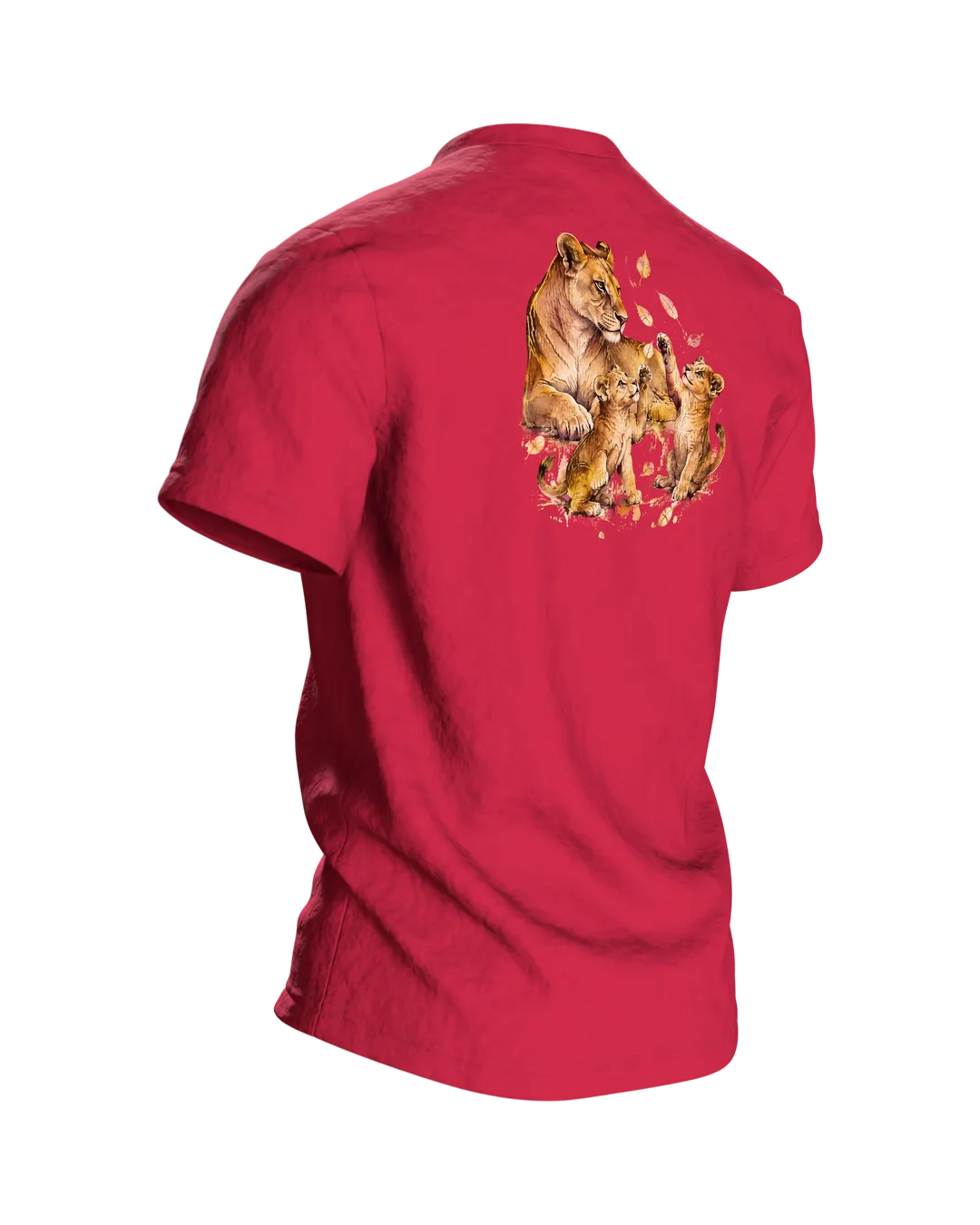 Löwenmama T-Shirt: Löwin mit zwei Jungen als Aquarell mit Kintsugi-Goldlinien, Geschenk für Mama, Rückseite schräg rechts