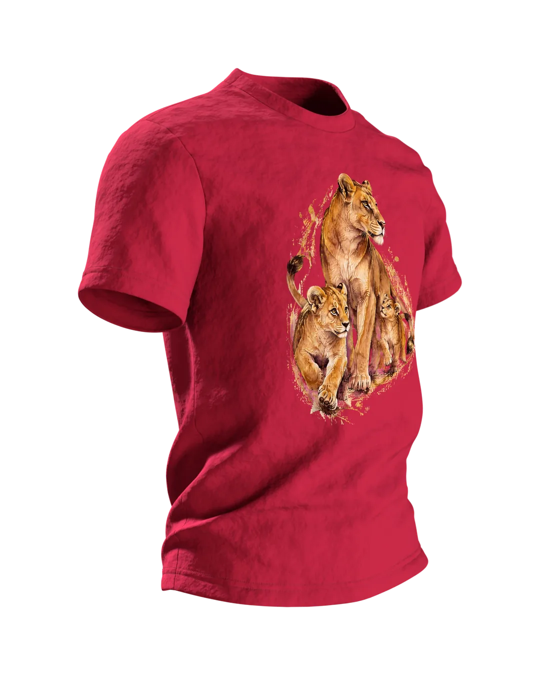 Löwenmama T-Shirt: Löwin mit zwei Jungen als Aquarell mit Kintsugi-Goldlinien, Geschenk für Mama, Seitenansicht links