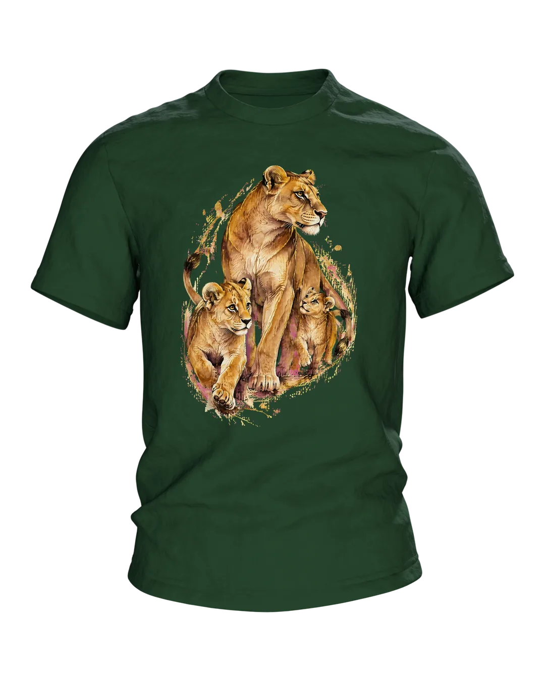 Löwenmama T-Shirt: Löwin mit zwei Jungen als Aquarell mit Kintsugi-Goldlinien, Geschenk für Mama