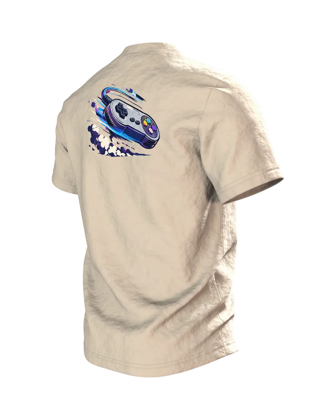 Gamepad T-Shirt „PAUSE IST FÜR ANFÄNGER“ mit Retro-Controller in Neon, Brustmotiv und großem Rückenmotiv für Gamer, Rückseite schräg links
