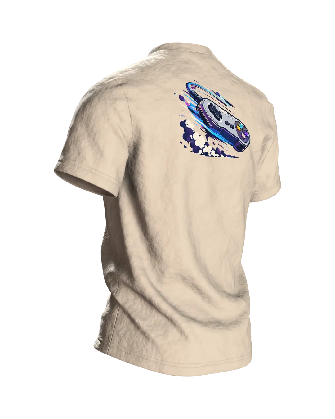 Gamepad T-Shirt „PAUSE IST FÜR ANFÄNGER“ mit Retro-Controller in Neon, Brustmotiv und großem Rückenmotiv für Gamer, Rückseite schräg rechts