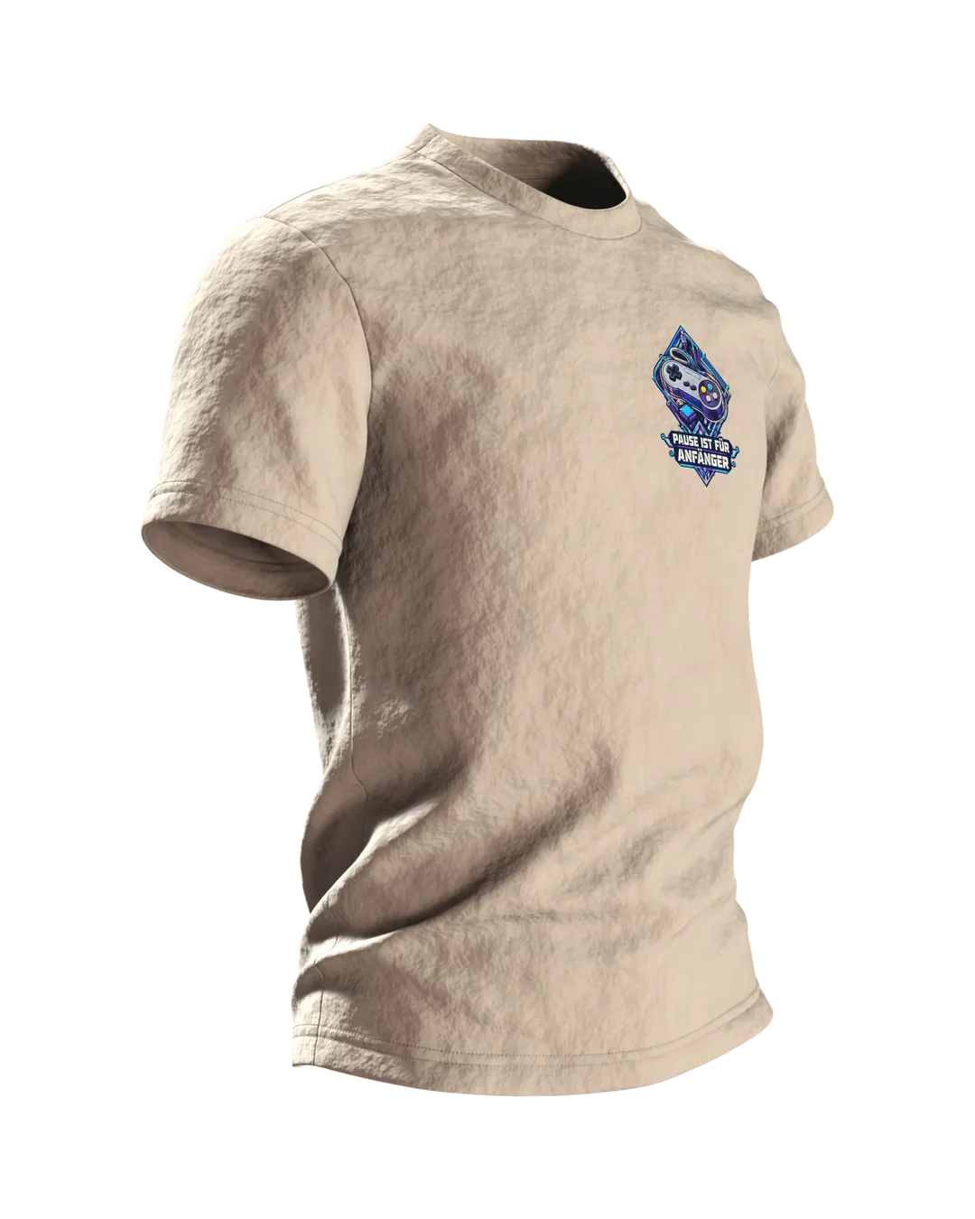 Gamepad T-Shirt „PAUSE IST FÜR ANFÄNGER“ mit Retro-Controller in Neon, Brustmotiv und großem Rückenmotiv für Gamer, Seitenansicht links