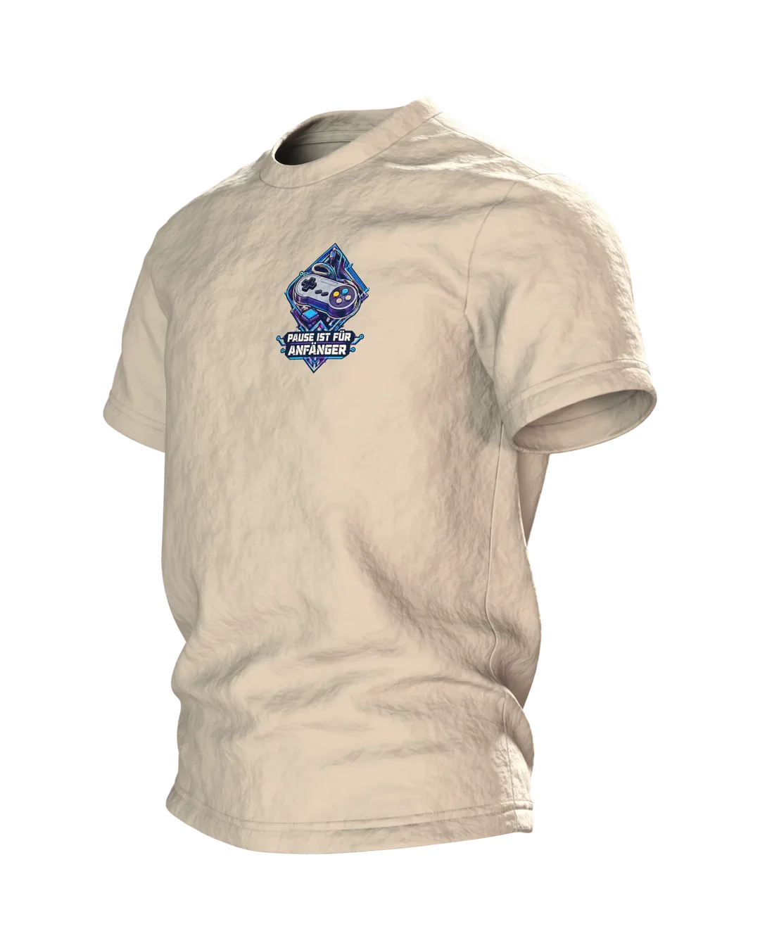 Gamepad T-Shirt „PAUSE IST FÜR ANFÄNGER“ mit Retro-Controller in Neon, Brustmotiv und großem Rückenmotiv für Gamer, Seitenansicht rechts