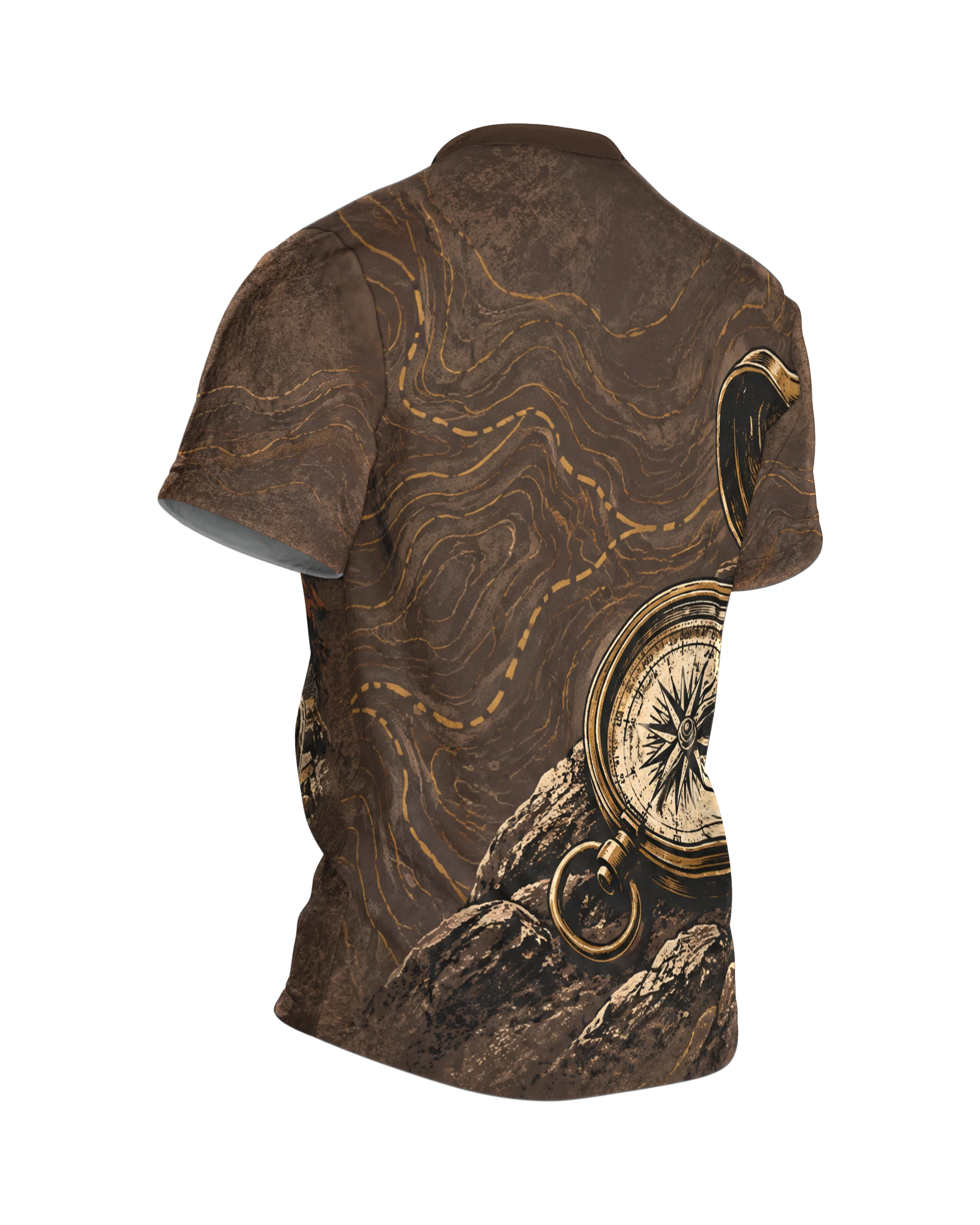 Vintage Motorrad Bergpanorama T-Shirt, Entwurfsfassung, Rückseite schräg rechts