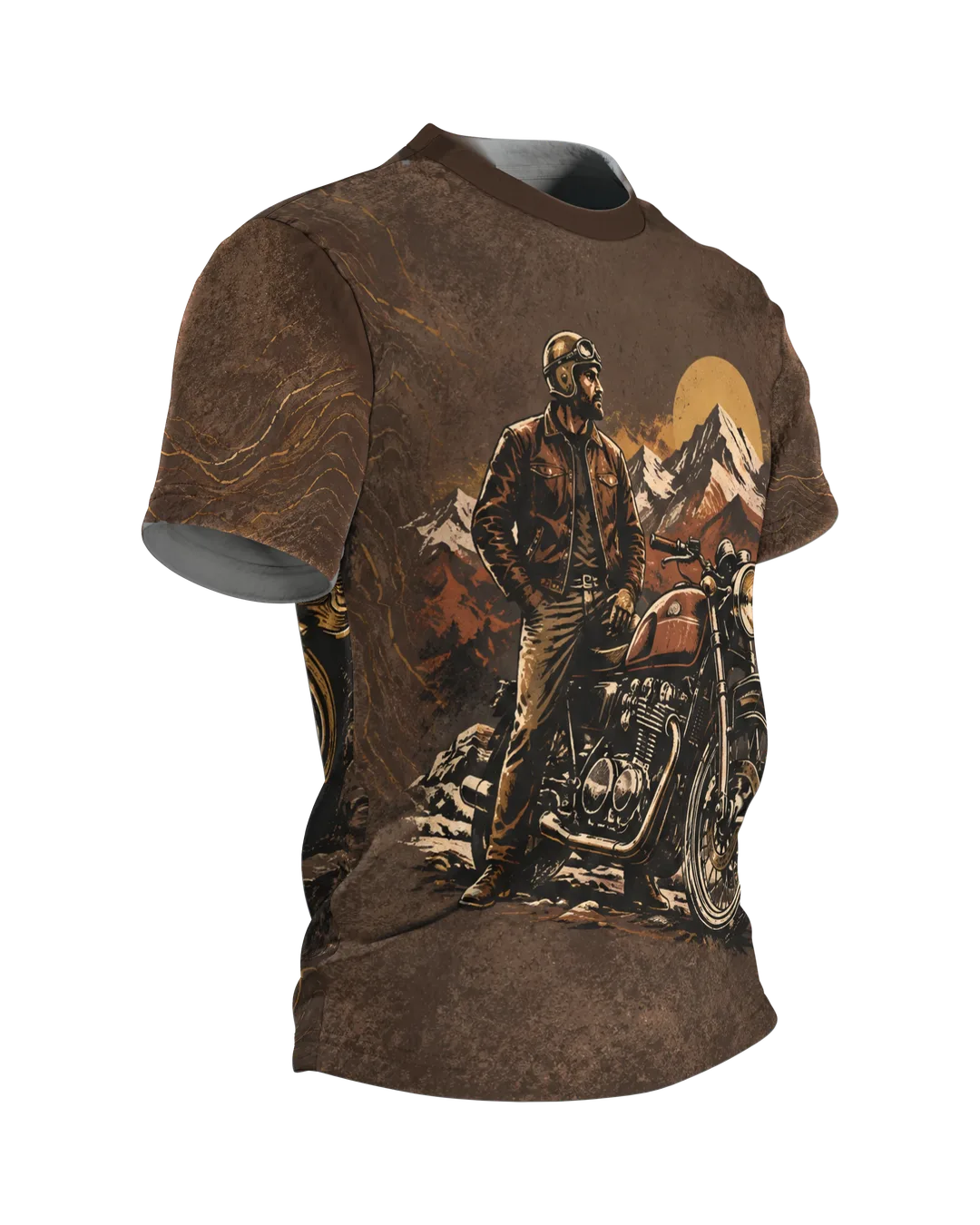 Vintage Motorrad Bergpanorama T-Shirt, Entwurfsfassung, Seitenansicht links