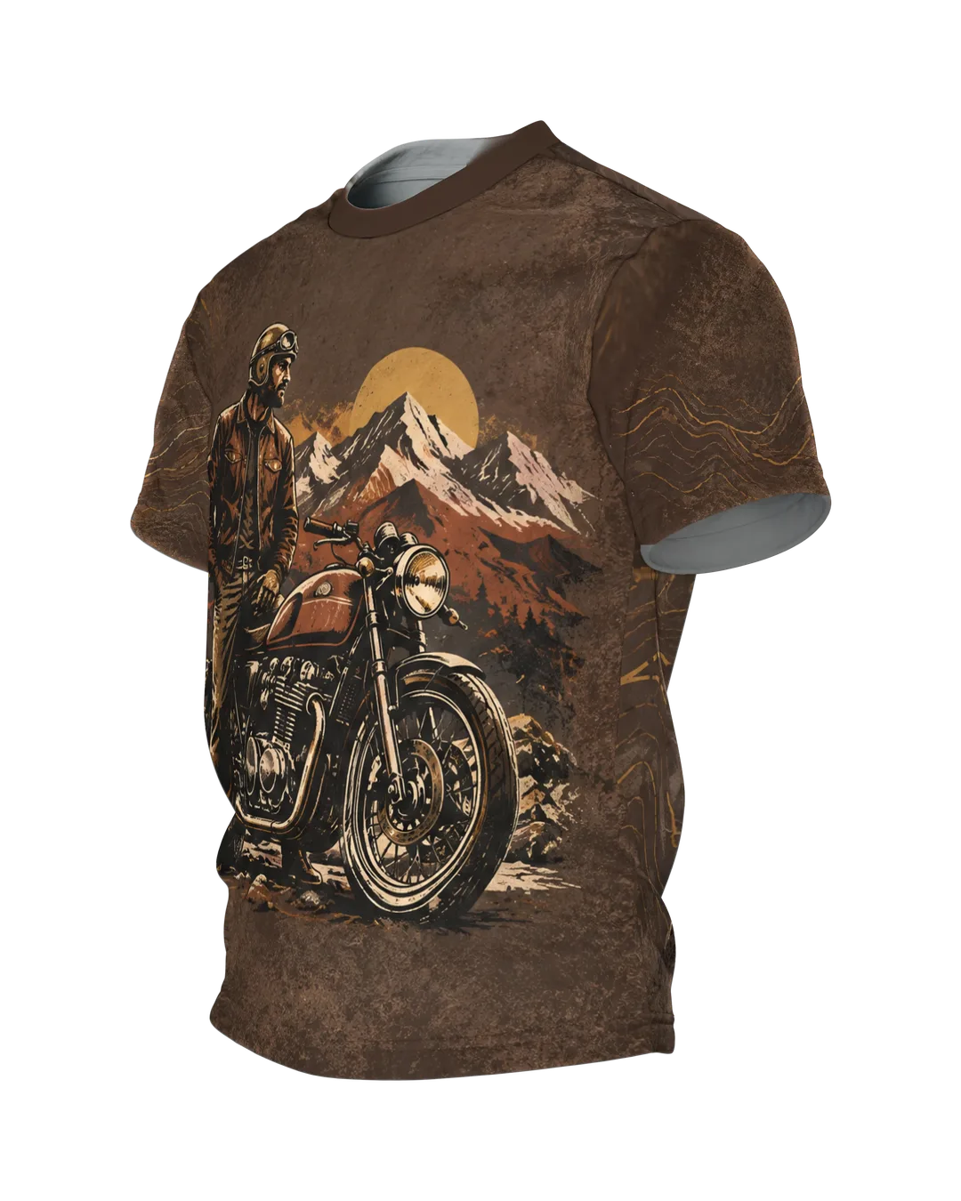 Vintage Motorrad Bergpanorama T-Shirt, Entwurfsfassung, Seitenansicht rechts