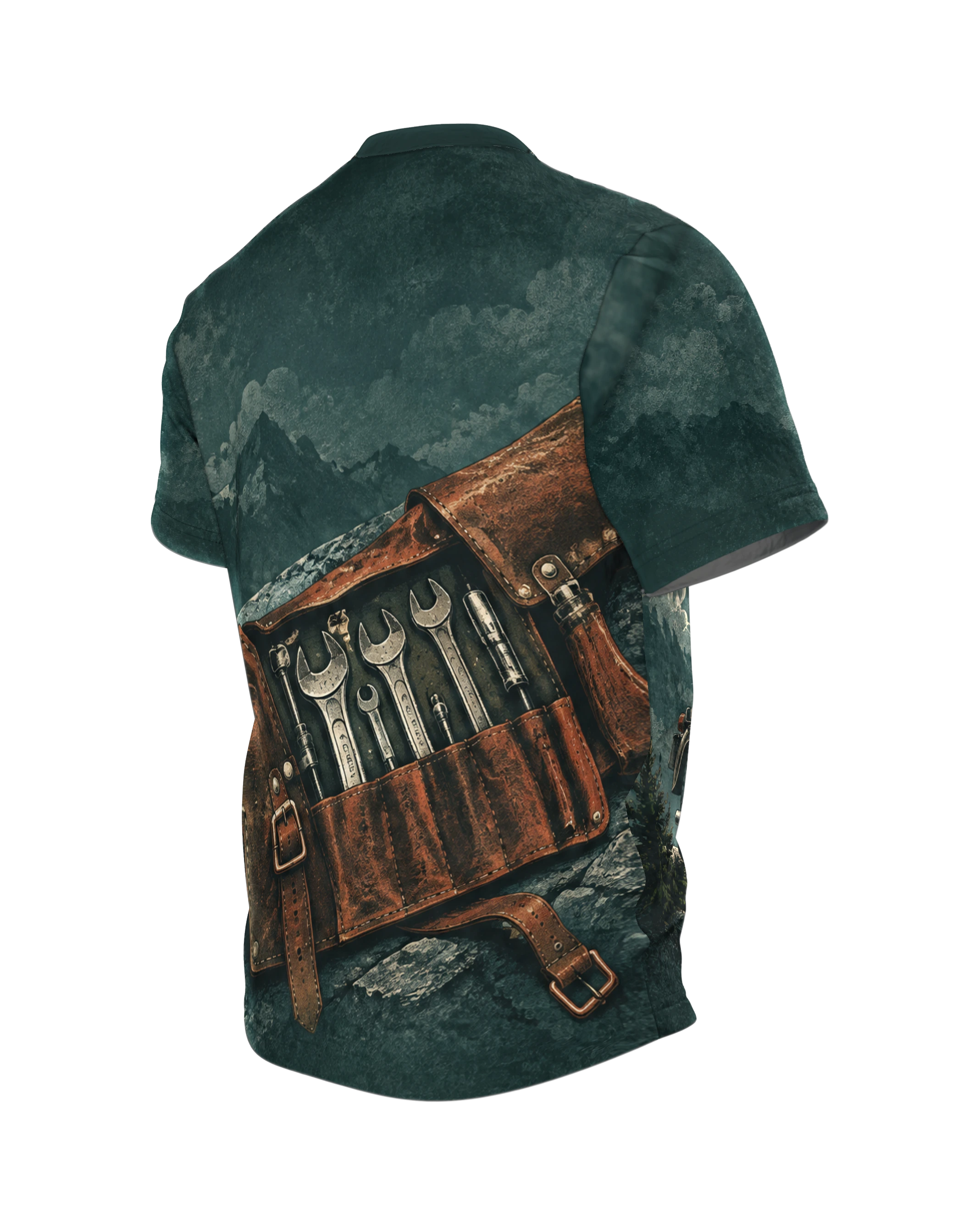 Vintage Motorrad Bergpanorama T-Shirt, Entwurfsfassung, Rückseite schräg links