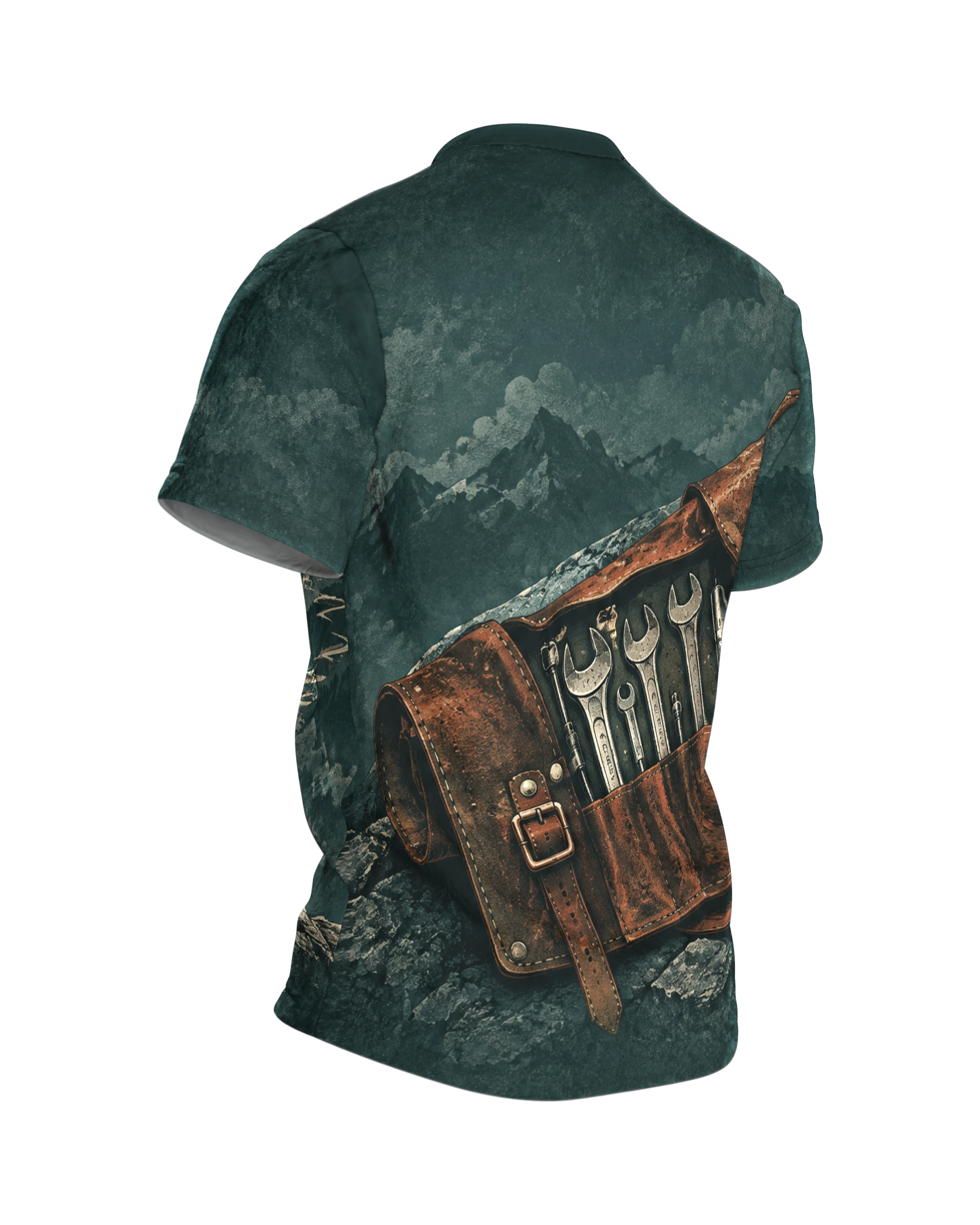Vintage Motorrad Bergpanorama T-Shirt, Entwurfsfassung, Rückseite schräg rechts