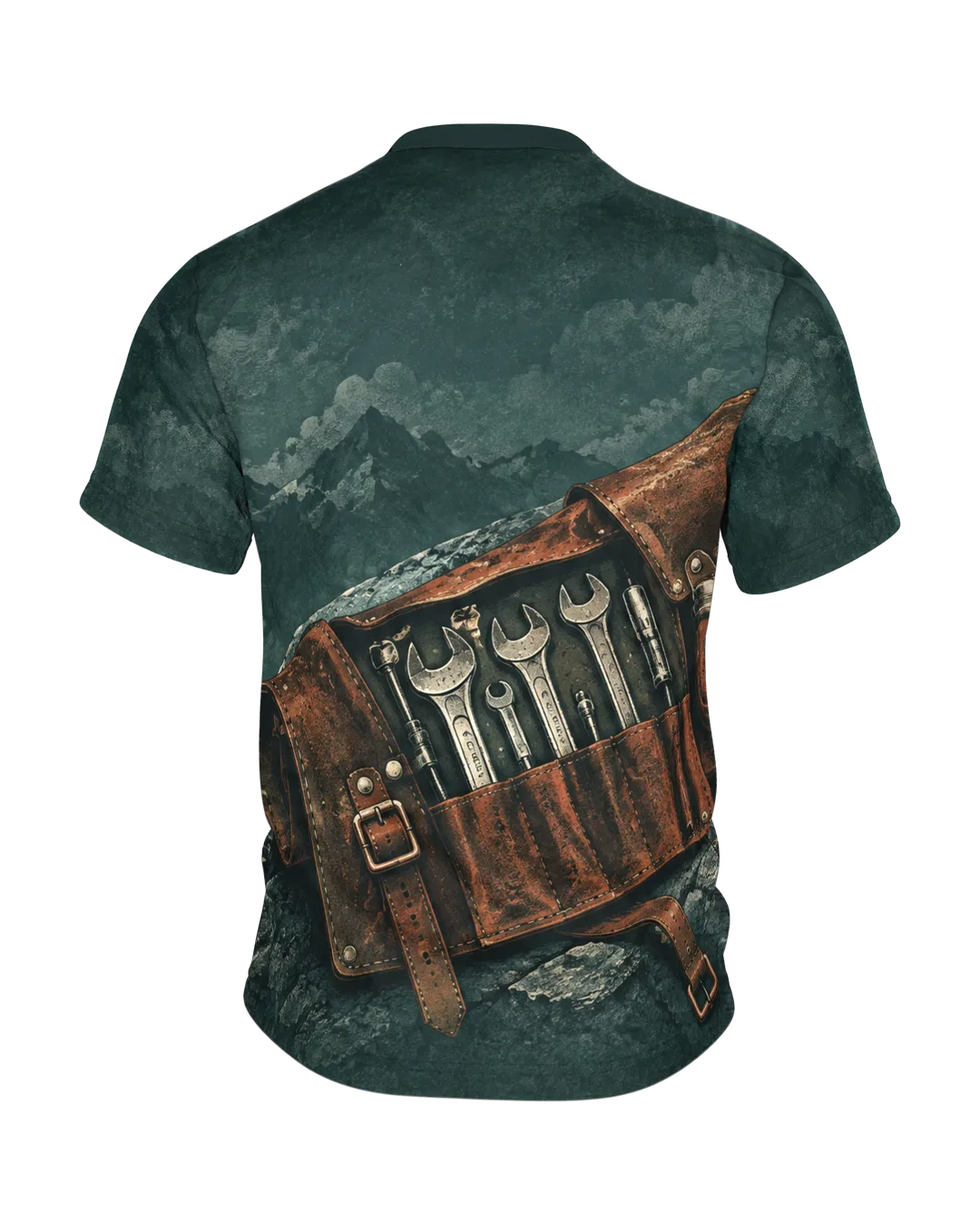 Vintage Motorrad Bergpanorama T-Shirt, Entwurfsfassung, Rückseite