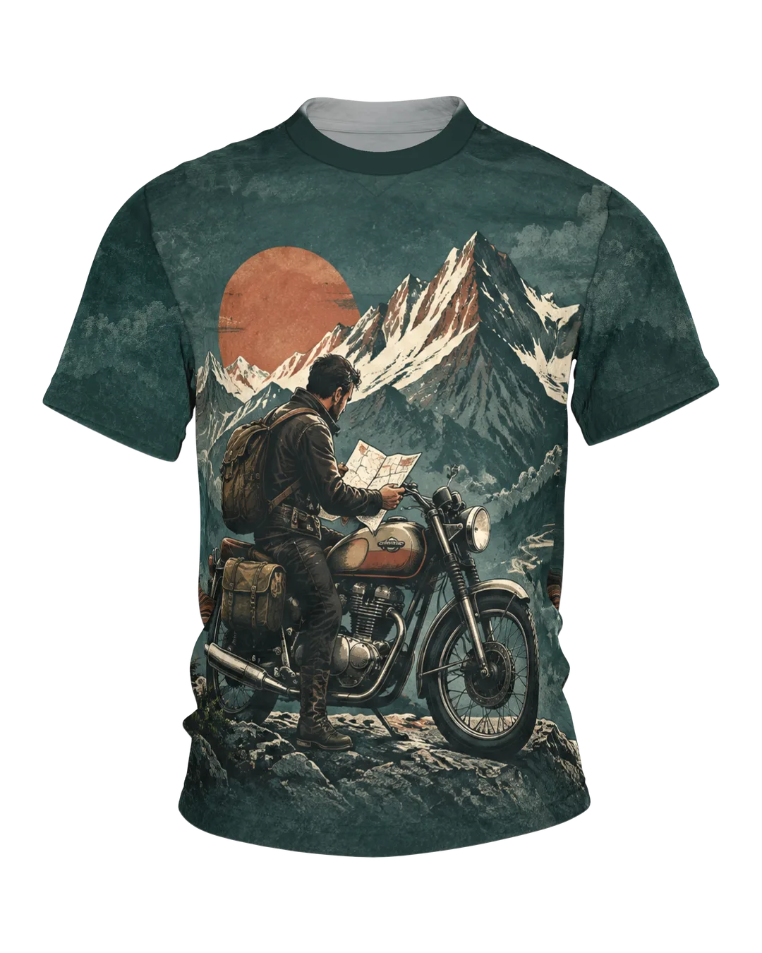 Vintage Motorrad Bergpanorama T-Shirt, Entwurfsfassung