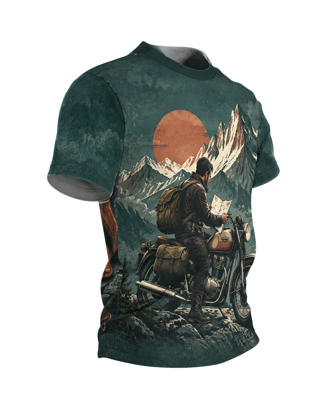 Vintage Motorrad Bergpanorama T-Shirt, Entwurfsfassung, Seitenansicht links