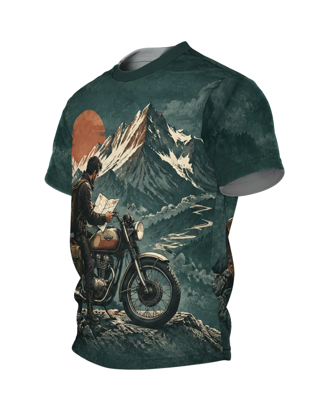 Vintage Motorrad Bergpanorama T-Shirt, Entwurfsfassung, Seitenansicht rechts