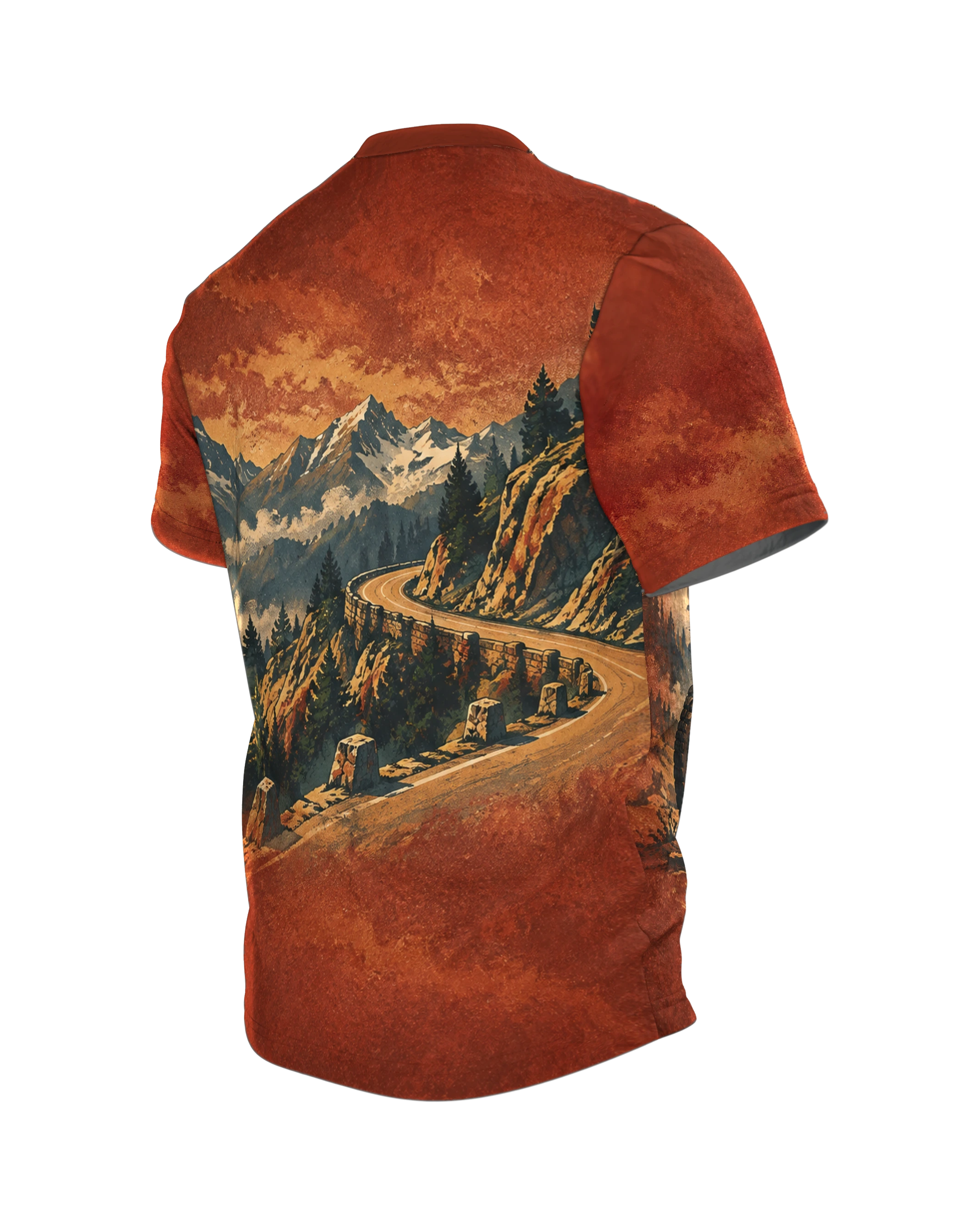 Vintage Motorrad T-Shirt: Oldtimer vor Bergpanorama, Biker in Lederjacke, Alpen-Passstraße auf dem Rücken, Retro-Poster, Rückseite schräg links