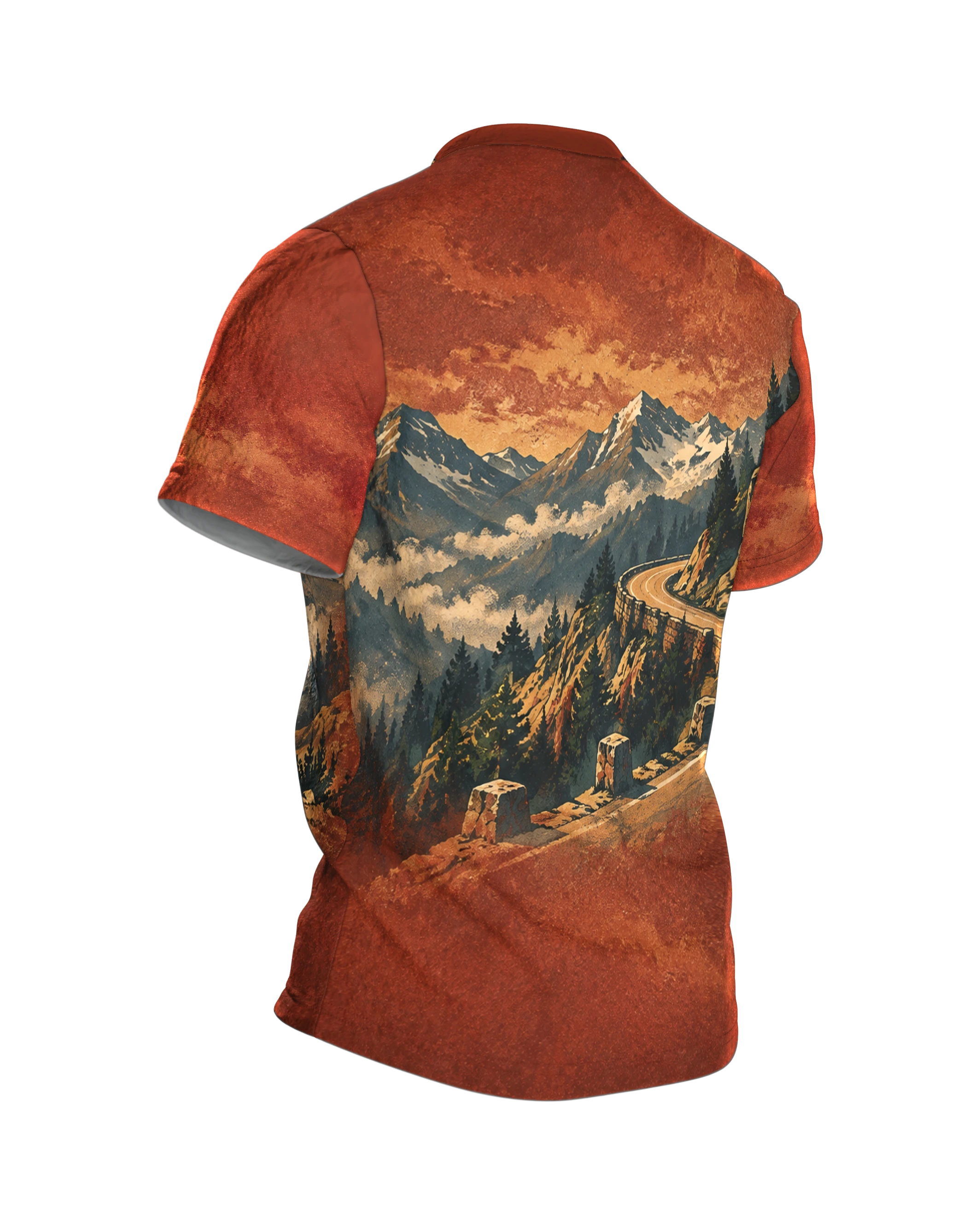 Vintage Motorrad T-Shirt: Oldtimer vor Bergpanorama, Biker in Lederjacke, Alpen-Passstraße auf dem Rücken, Retro-Poster, Rückseite schräg rechts