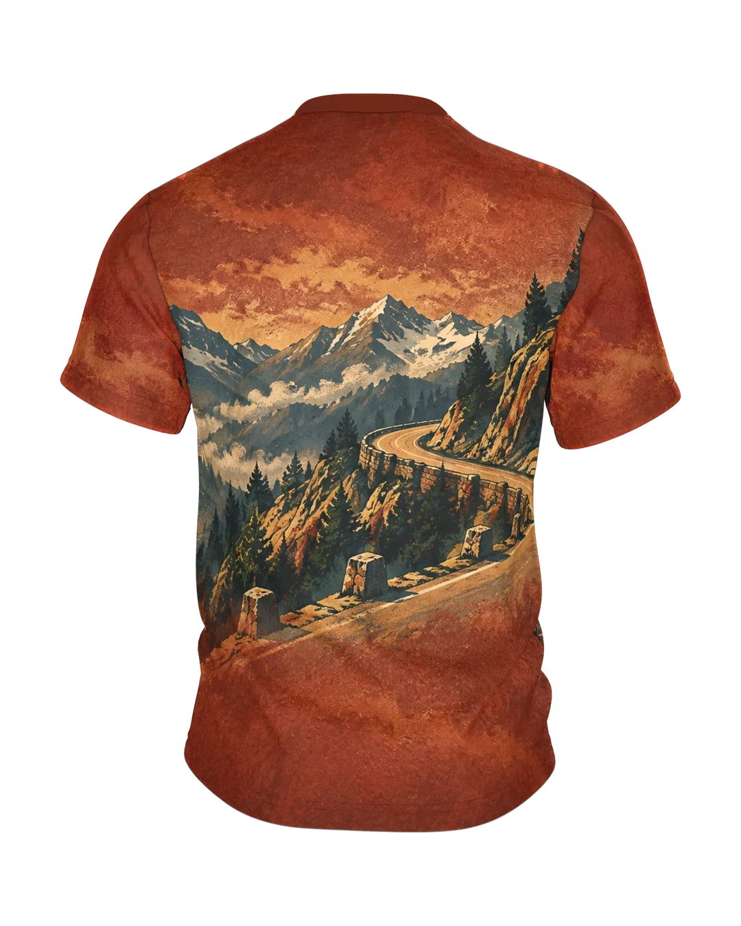 Vintage Motorrad T-Shirt: Oldtimer vor Bergpanorama, Biker in Lederjacke, Alpen-Passstraße auf dem Rücken, Retro-Poster, Rückseite