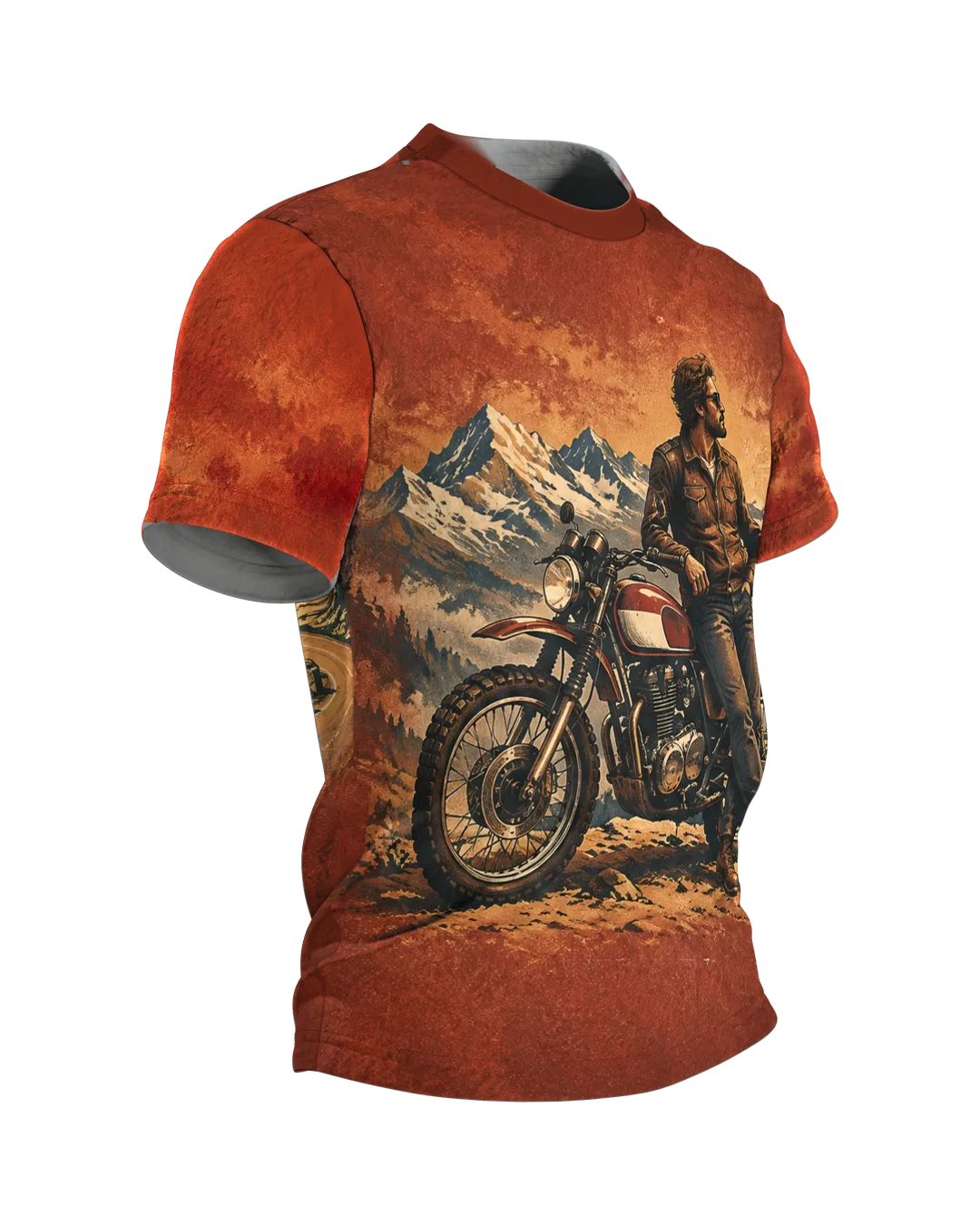 Vintage Motorrad T-Shirt: Oldtimer vor Bergpanorama, Biker in Lederjacke, Alpen-Passstraße auf dem Rücken, Retro-Poster, Seitenansicht links