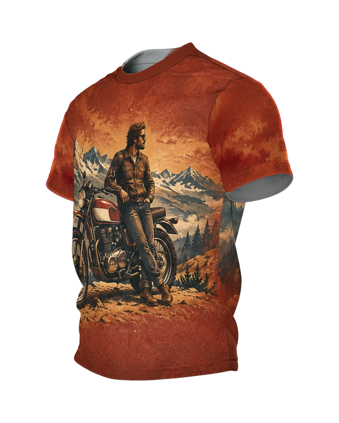 Vintage Motorrad T-Shirt: Oldtimer vor Bergpanorama, Biker in Lederjacke, Alpen-Passstraße auf dem Rücken, Retro-Poster, Seitenansicht rechts