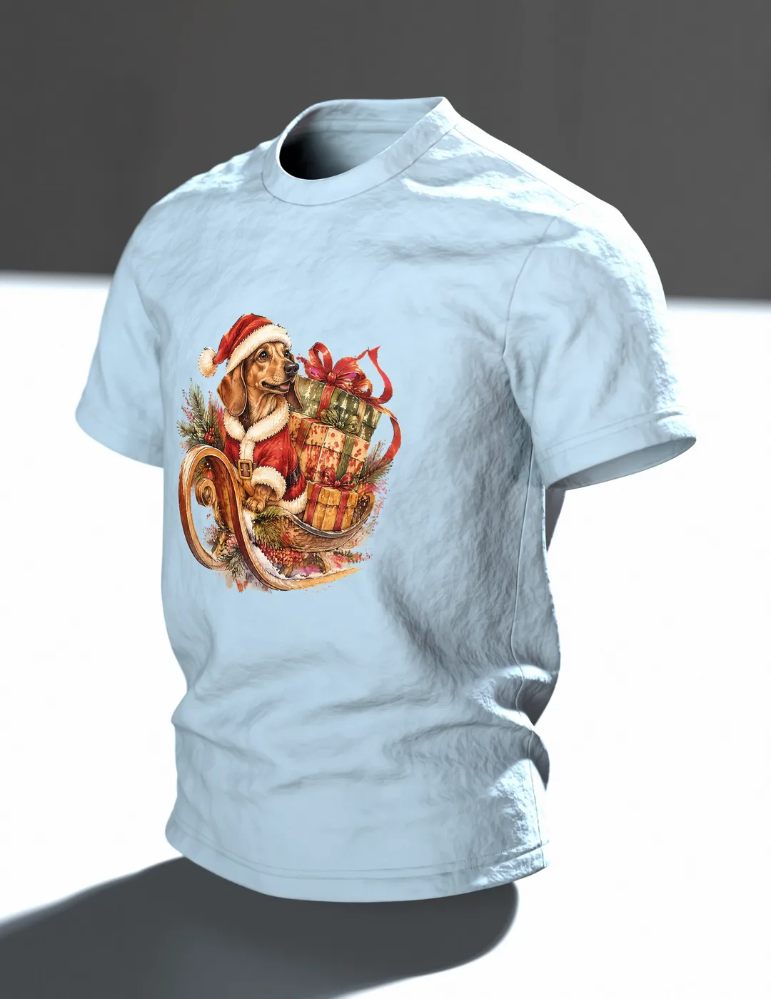 Weihnachtsdackel im Schlitten T-Shirt, Entwurfsfassung, Im Raum, schräg
