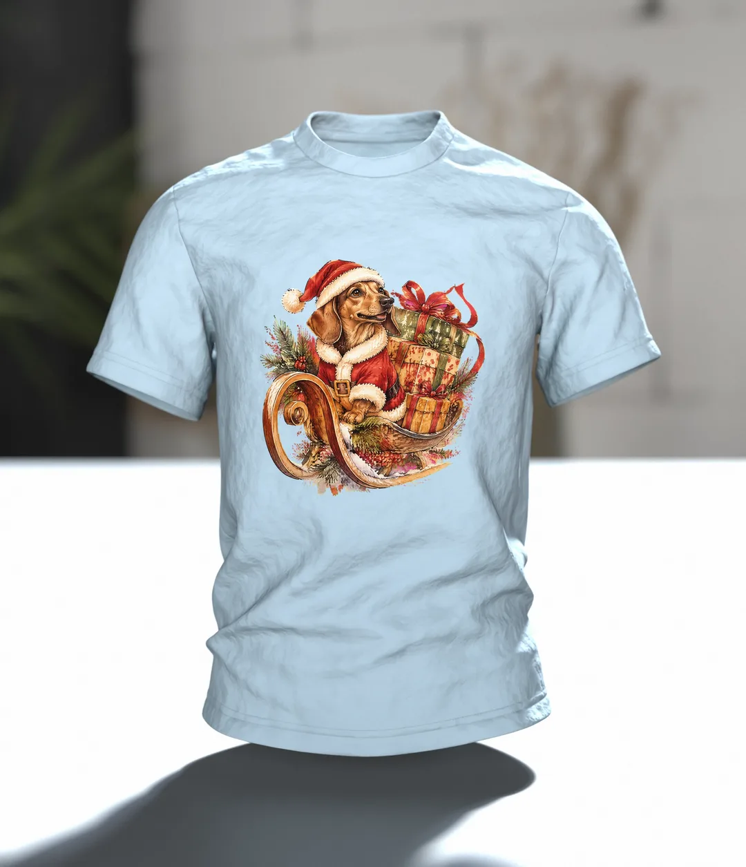Weihnachtsdackel im Schlitten T-Shirt, Entwurfsfassung, Im Raum